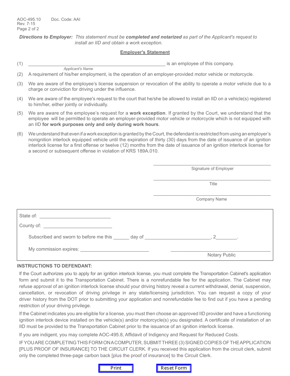 Form AOC-495.10 Post-acquittal Application for Authorization to Apply for an Ignition Interlock License and Device - Kentucky, Page 2