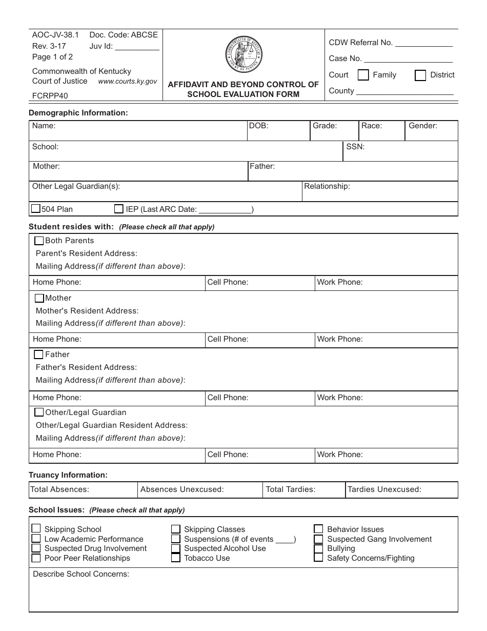 Form AOC-JV-38.1 Affidavit and Beyond Control of School Evaluation Form - Kentucky, Page 1
