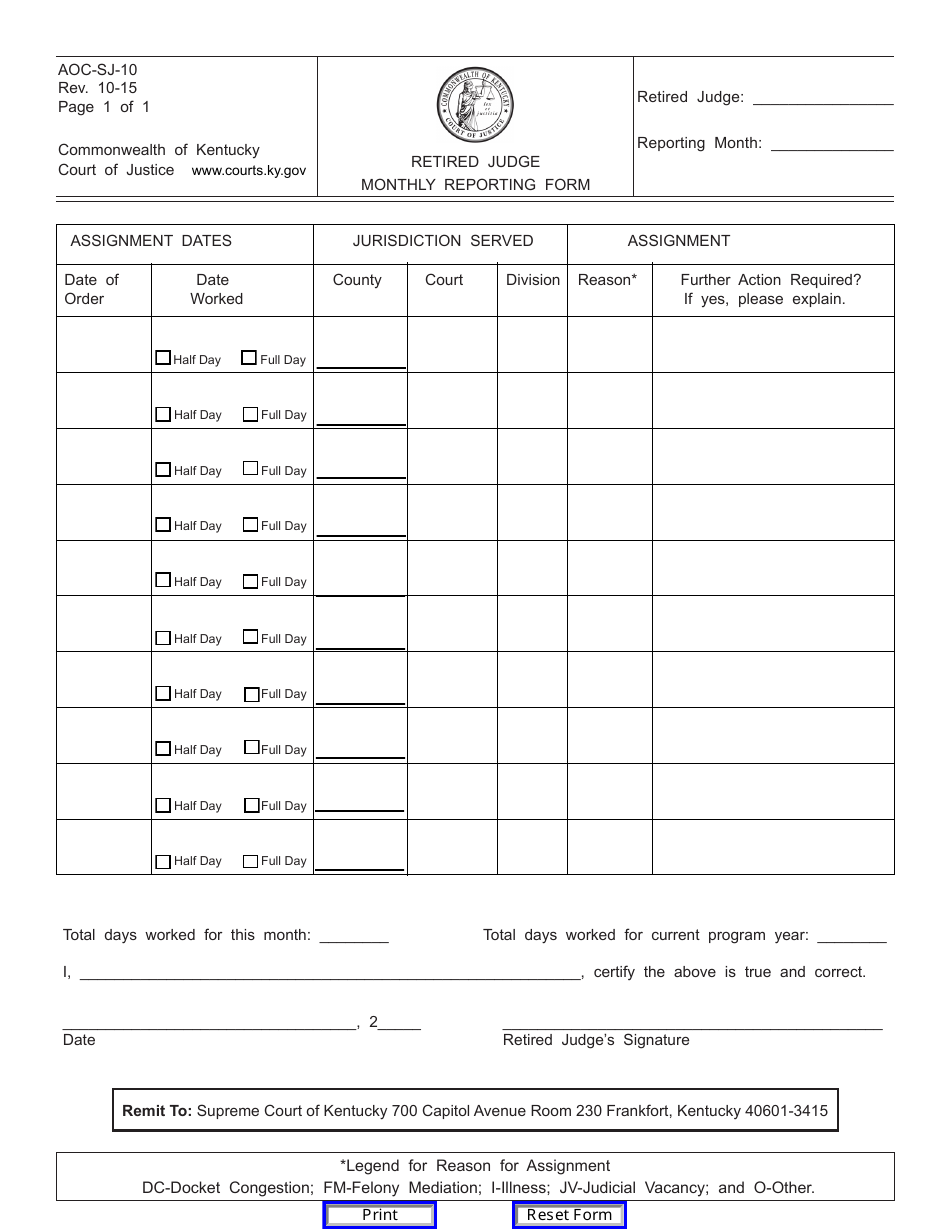 Form AOC-SJ-10 Retired Judge Monthly Reporting Form - Kentucky, Page 1
