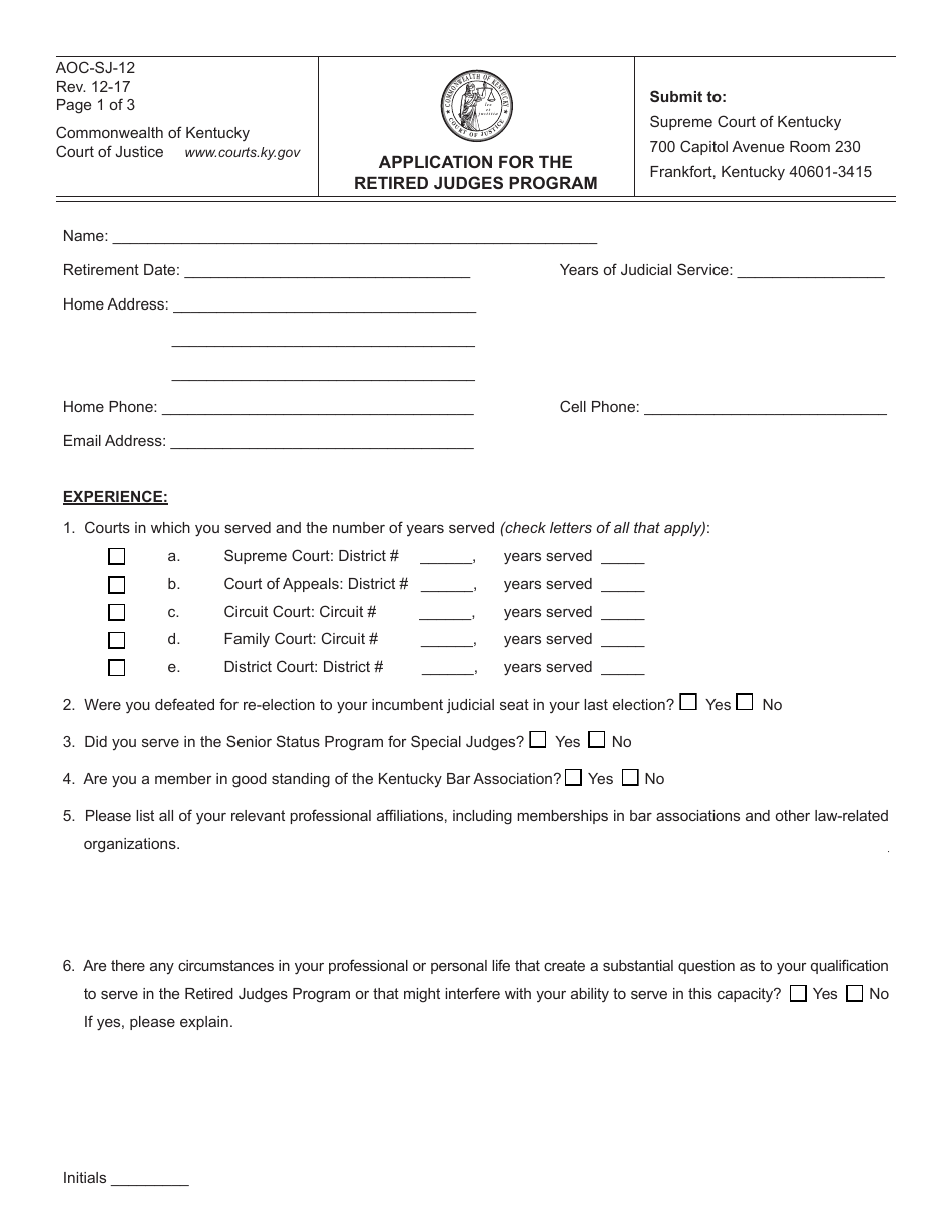 Form AOC-SJ-12 Application for the Retired Judges Program - Kentucky, Page 1