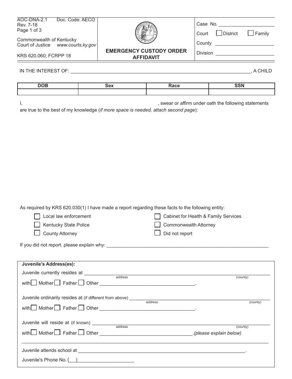 Form AOC-DNA-2.1 Emergency Custody Order Affidavit - Kentucky, Page 1