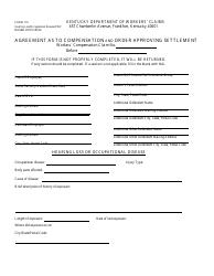Document preview: Form 110 Hearing Loss/Occupational Disease/Cwp - Agreement as to Compensation and Order Approving Settlement - Kentucky