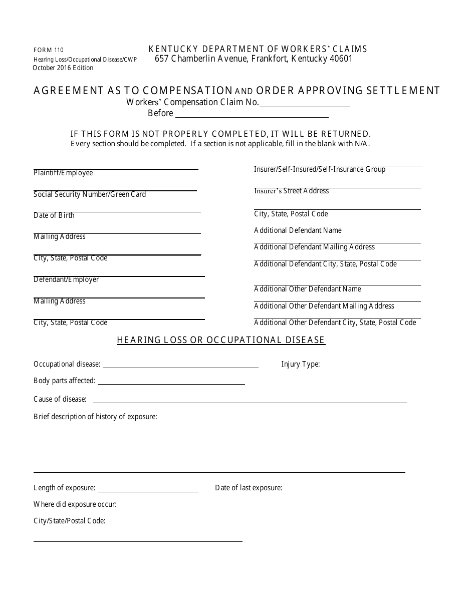 Form 110 Hearing Loss / Occupational Disease / Cwp - Agreement as to Compensation and Order Approving Settlement - Kentucky, Page 1