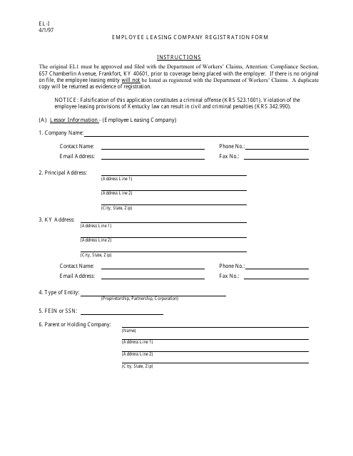 Form EL-I Employee Leasing Company Registration Form - Kentucky