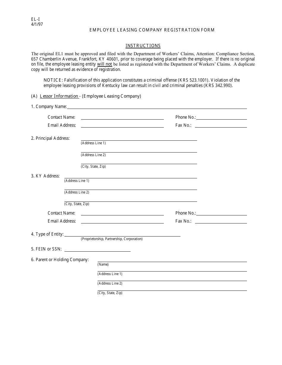 Form EL-I - Fill Out, Sign Online and Download Printable PDF, Kentucky ...