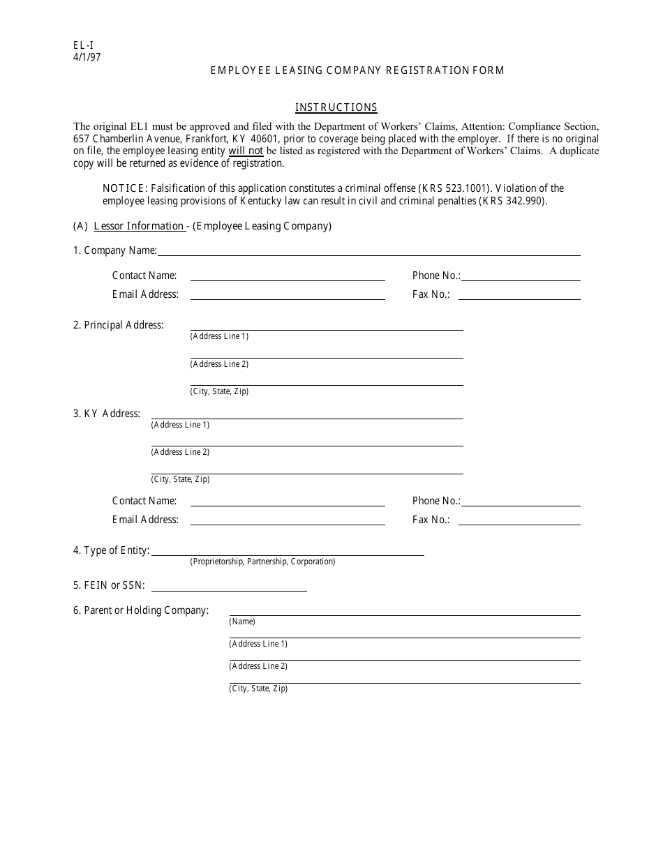 Form EL-I Employee Leasing Company Registration Form - Kentucky, Page 1