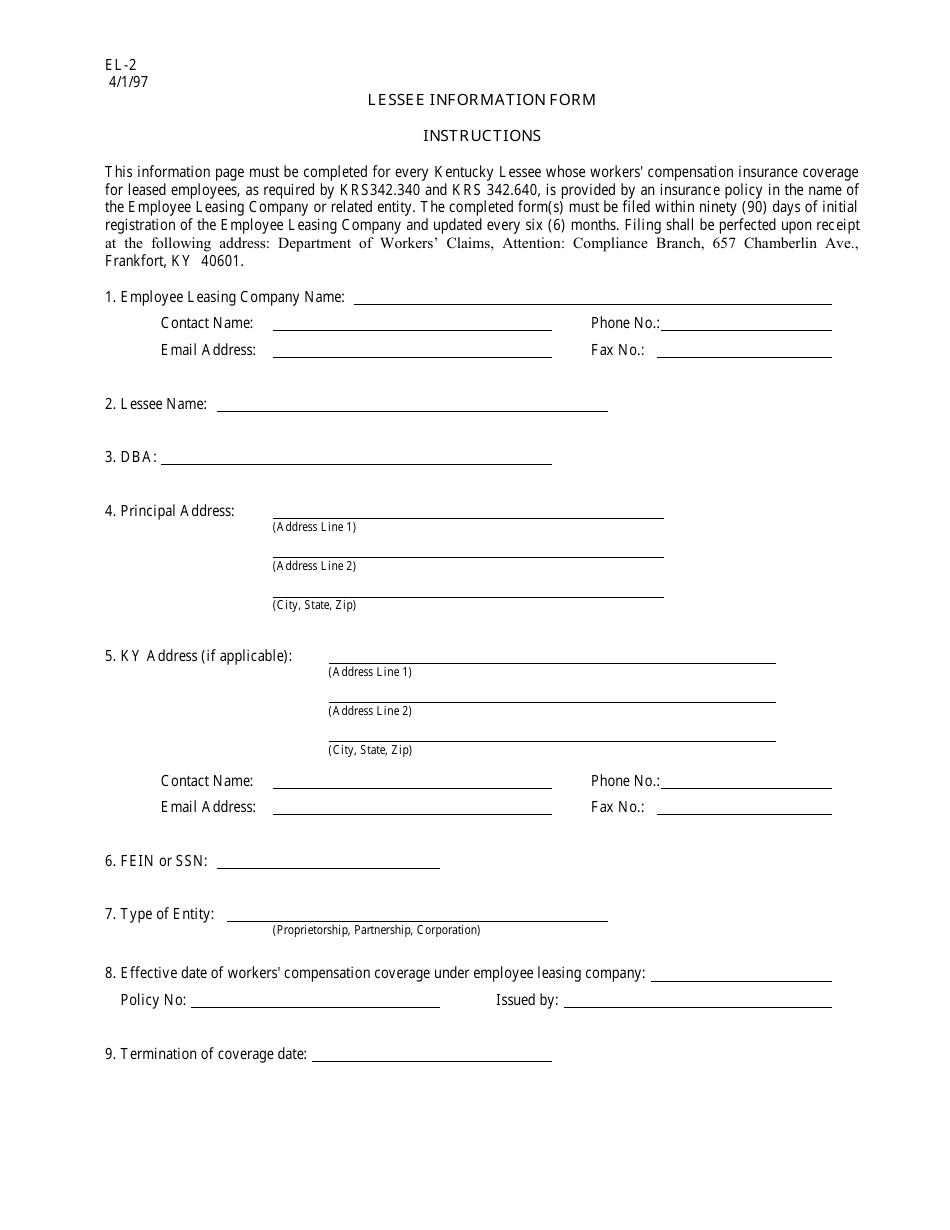 Form EL-2 Lessee Information Form - Kentucky, Page 1