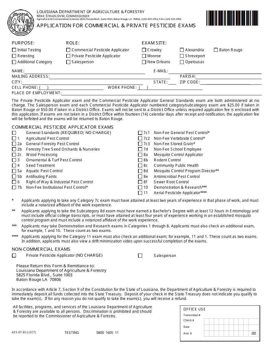 Form AES-07-43 Application for Commercial  Private Pesticide Exams - Louisiana, Page 1