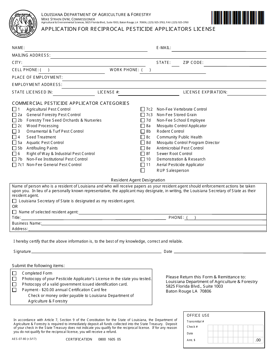 Form AES-07-80 Application for Reciprocal Pesticide Applicators License - Louisiana, Page 1