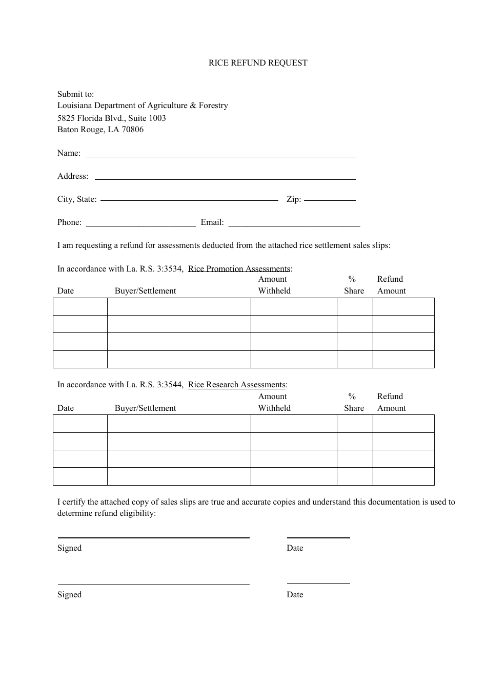 Rice Refund Request Form - Louisiana, Page 1