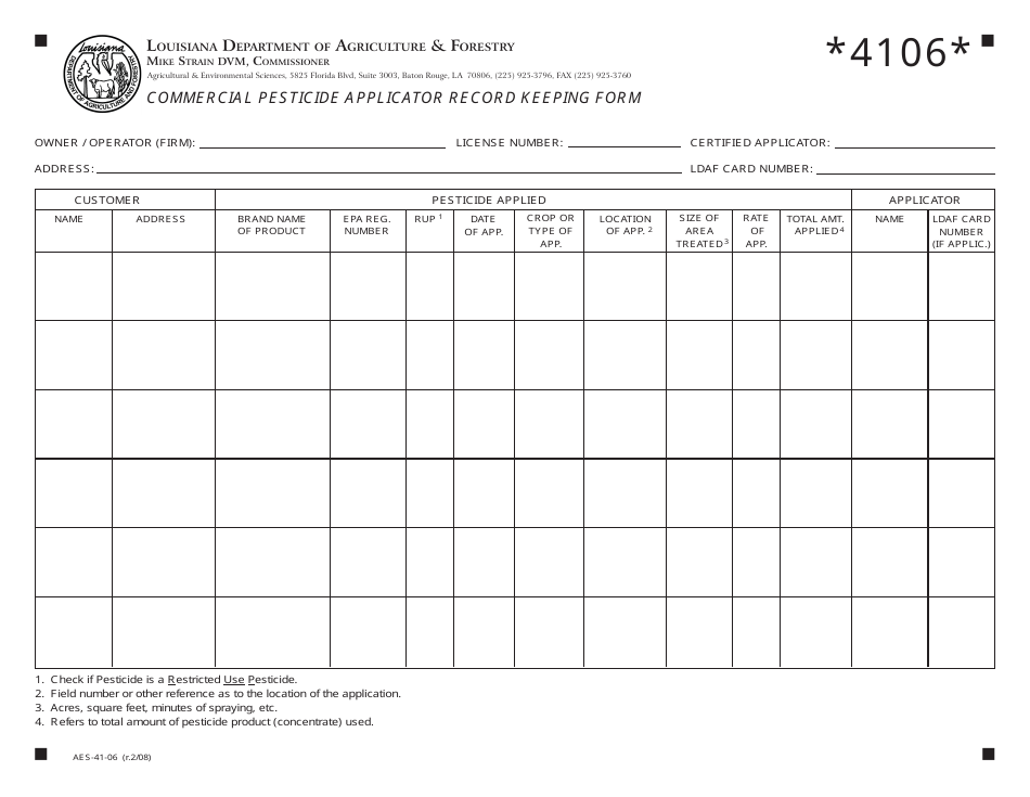 Form AES-41-06 Commercial Pesticide Applicator Record Keeping Form - Louisiana, Page 1