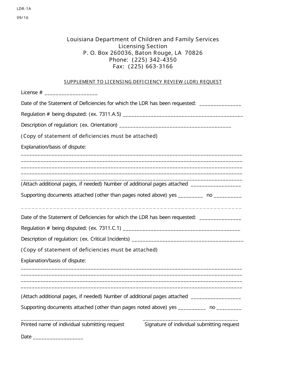 Form LDR-1A Supplement to Licensing Deficiency Review (Ldr) Request - Louisiana, Page 1