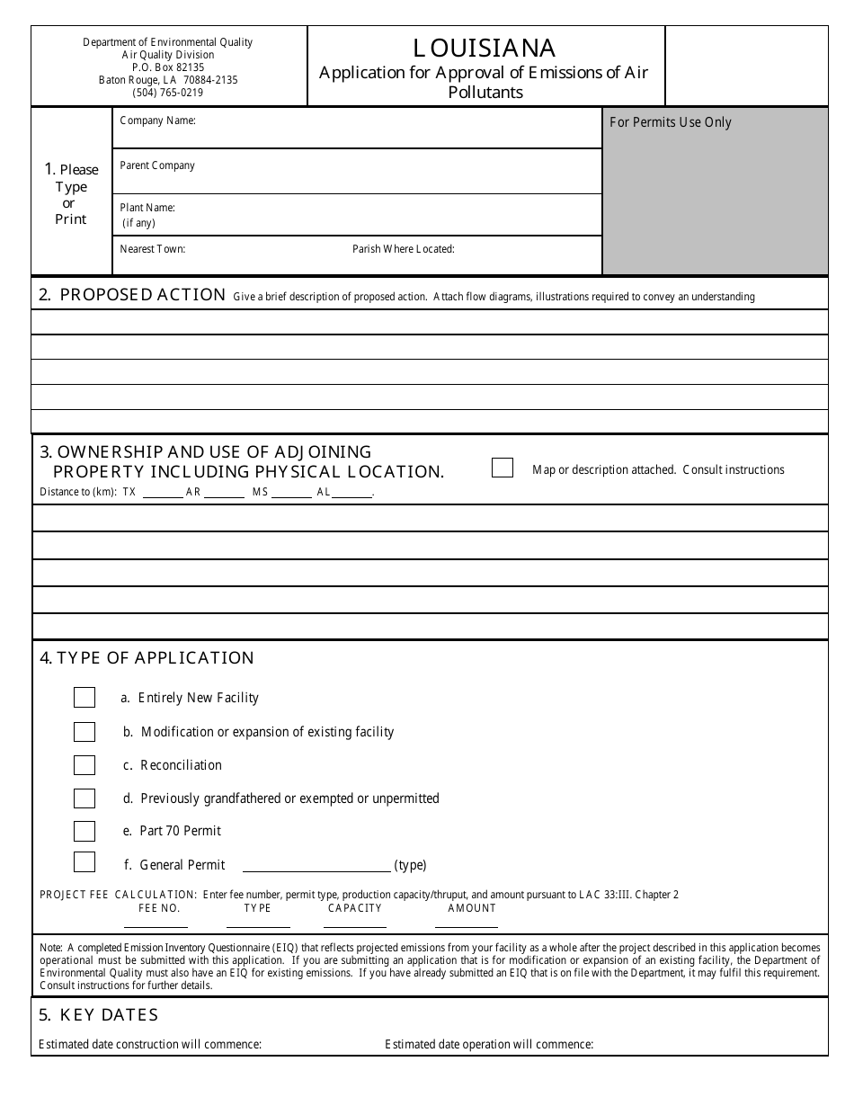 Louisiana Application for Approval of Emissions of Air Pollutants ...