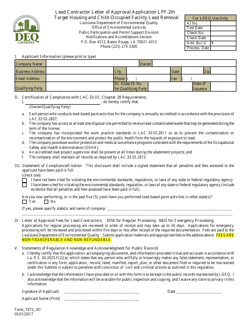 Form LPF-2TH (7072) Lead Contractor Letter of Approval Application Target Housing and Child-Occupied Facility Lead Removal - Louisiana