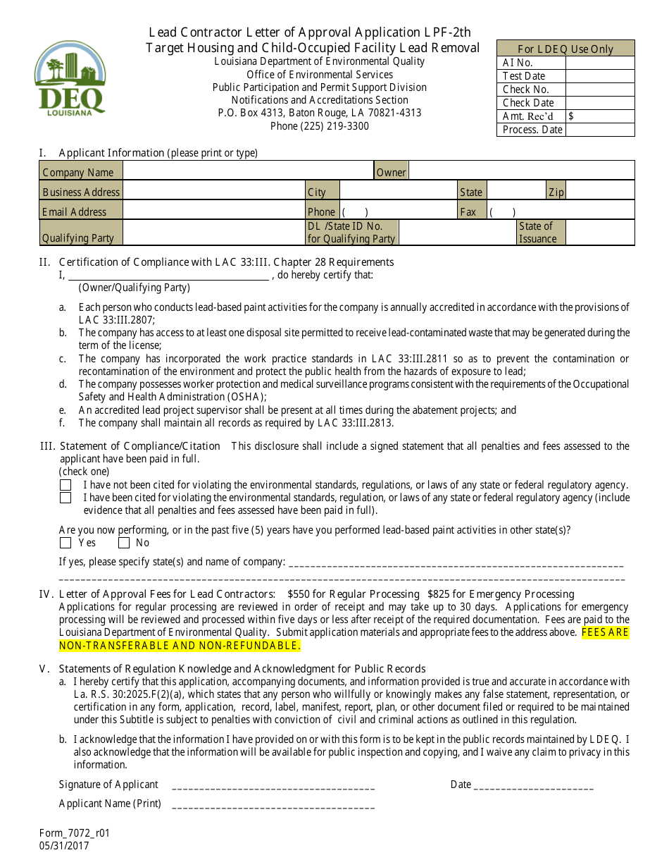 Form LPF-2TH (7072) Lead Contractor Letter of Approval Application Target Housing and Child-Occupied Facility Lead Removal - Louisiana, Page 1