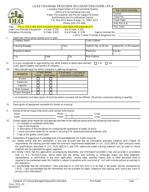 Form LPF-4 (7074) Lead Training Provider Recognition Form - Louisiana