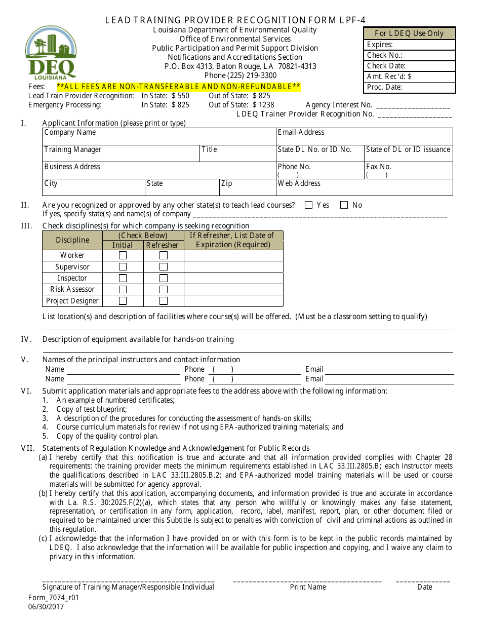 Form LPF-4 (7074) Lead Training Provider Recognition Form - Louisiana, Page 1