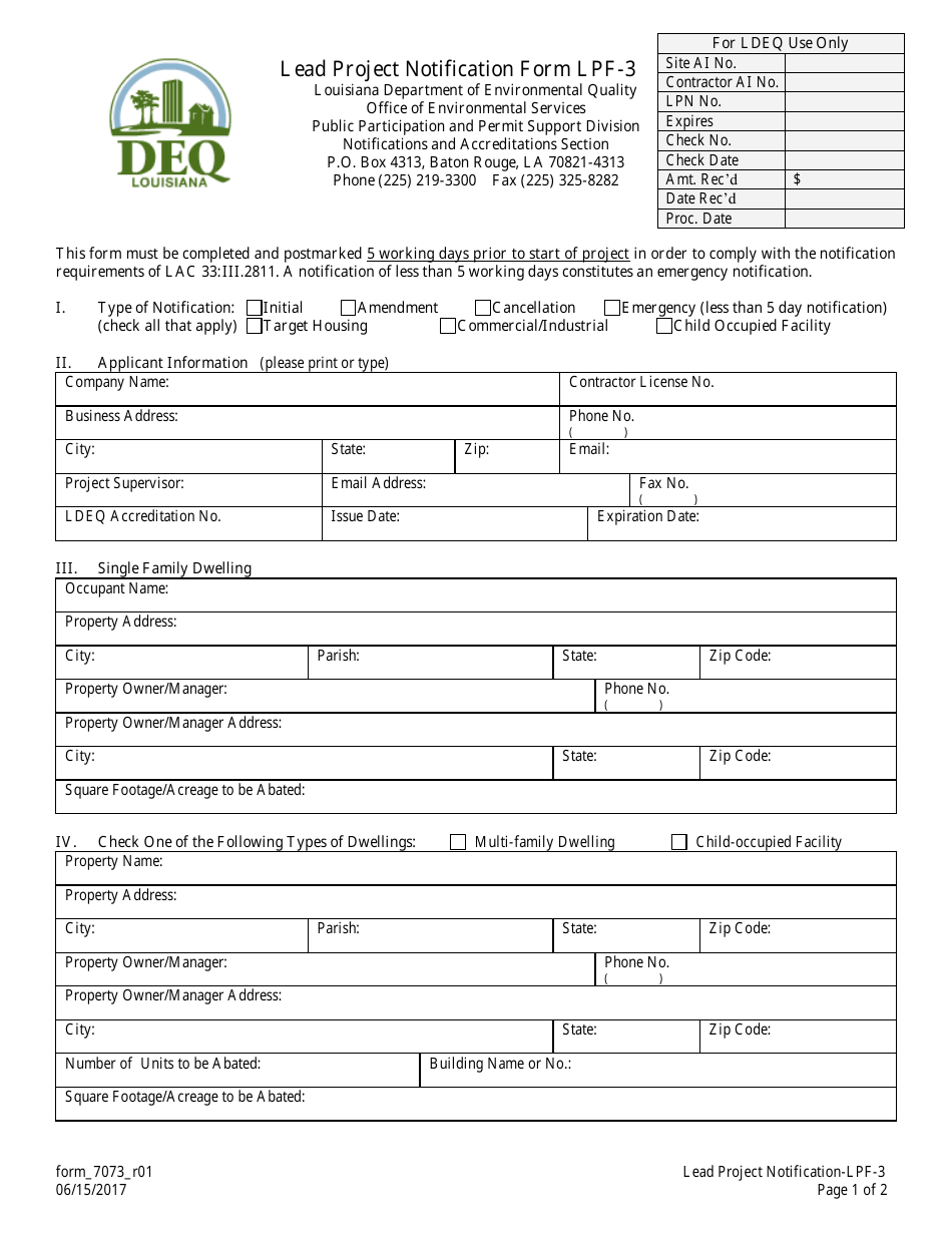 Form LPF-3 (7073) Lead Project Notification Form - Louisiana, Page 1