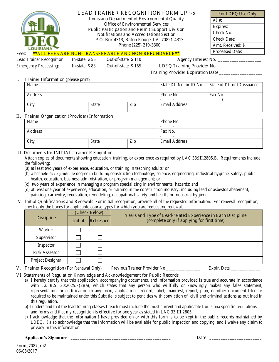 Form 7087_R02 Lead Trainer Recognition Form Form Lpf-5 - Louisiana, Page 1