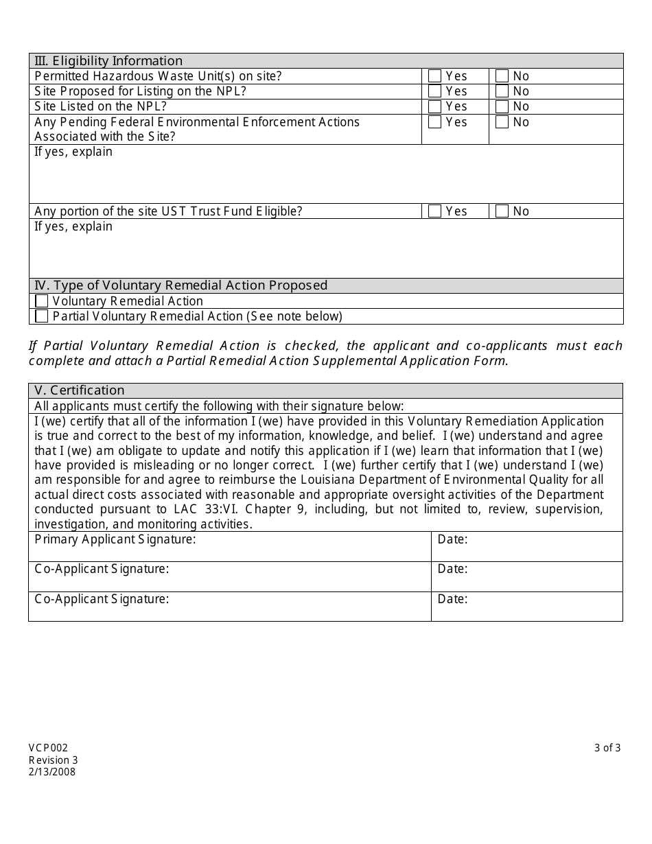 Form VCP002 Voluntary Remediation Application - Voluntary Remediation Program - Louisiana, Page 3