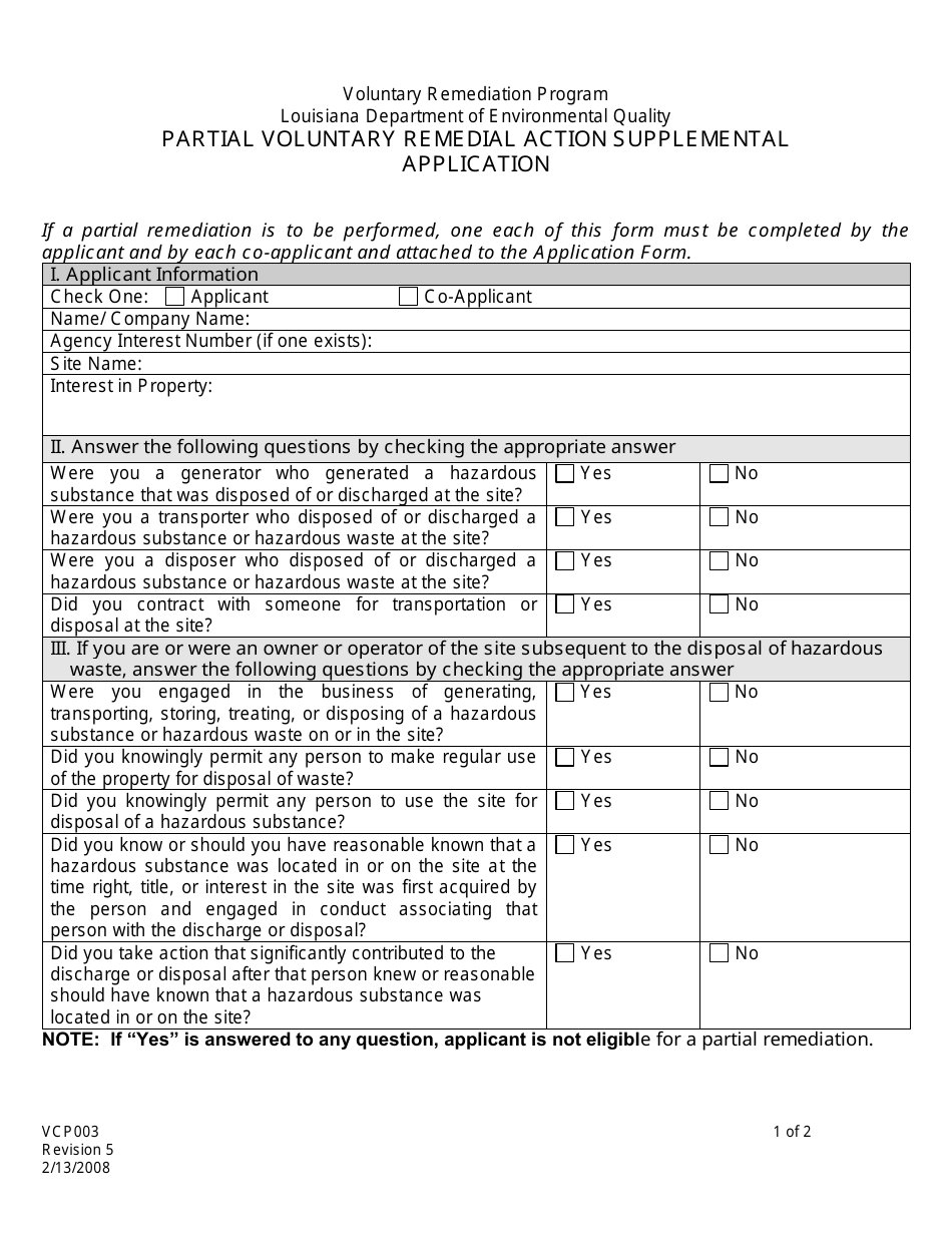Form VCP003 Partial Voluntary Remedial Action Supplemental Application - Voluntary Remediation Program - Louisiana, Page 1