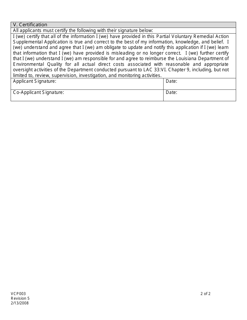 Form VCP003 Partial Voluntary Remedial Action Supplemental Application - Voluntary Remediation Program - Louisiana, Page 2