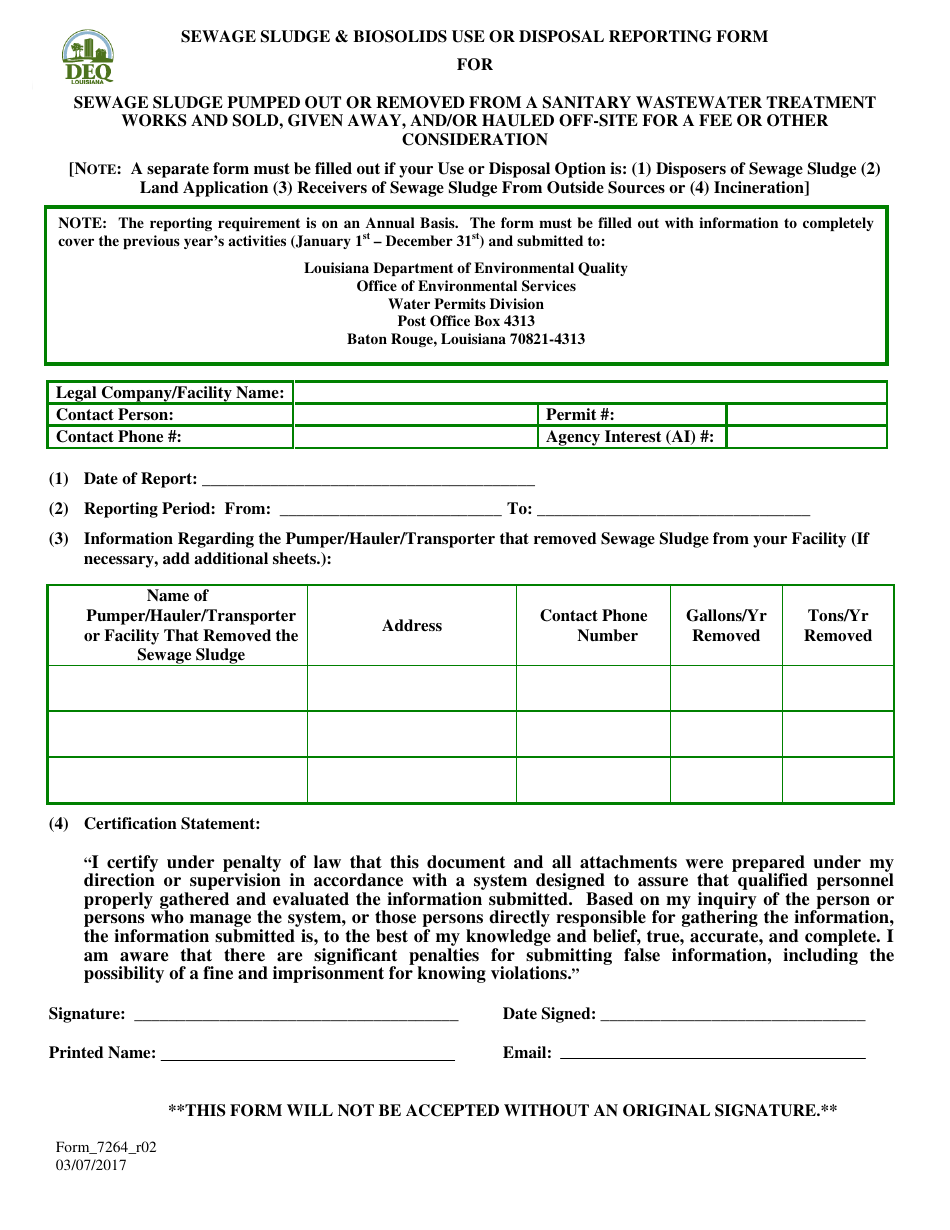 Form 7264_R02 Sewage Sludge  Biosolids Use or Disposal Reporting Form for Sewage Sludge Pumped out or Removed From a Sanitary Wastewater Treatment Works and Sold, Given Away, and / or Hauled off-Site for a Fee or Other Consideration - Louisiana, Page 1