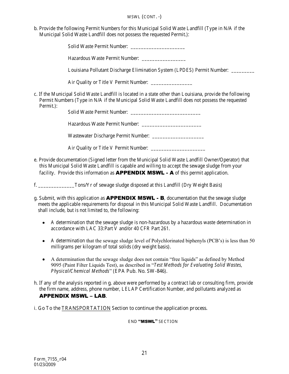 Form 7155 Permit Application for the Use or Disposal of Sewage Sludge (Biosolids) in Louisiana - Louisiana, Page 22