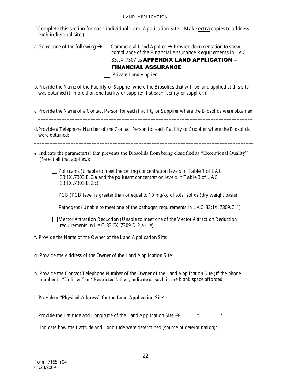 Form 7155 Permit Application for the Use or Disposal of Sewage Sludge (Biosolids) in Louisiana - Louisiana, Page 23