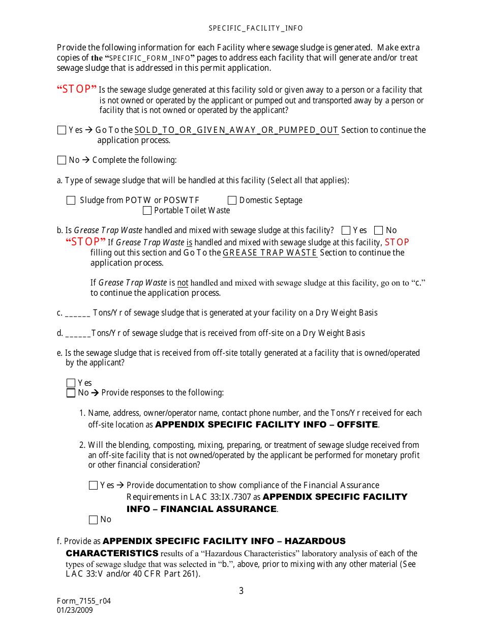 Form 7155 Permit Application for the Use or Disposal of Sewage Sludge (Biosolids) in Louisiana - Louisiana, Page 4