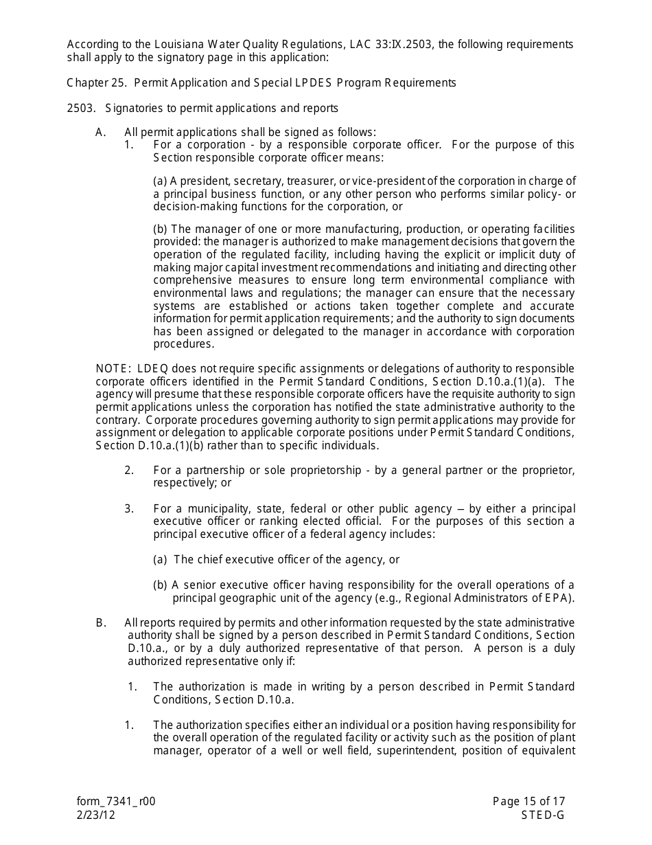 Form 7341 (STED-G) Lpdes Notice of Intent to Discharge Wastewater From Short-Term and Emergency Activities - Louisiana, Page 15