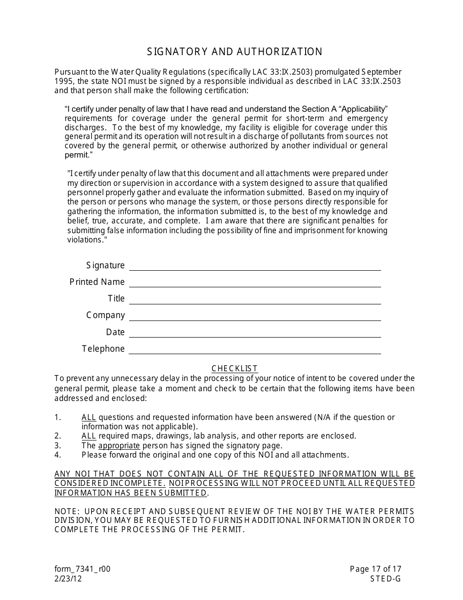 Form 7341 (STED-G) Lpdes Notice of Intent to Discharge Wastewater From Short-Term and Emergency Activities - Louisiana, Page 17