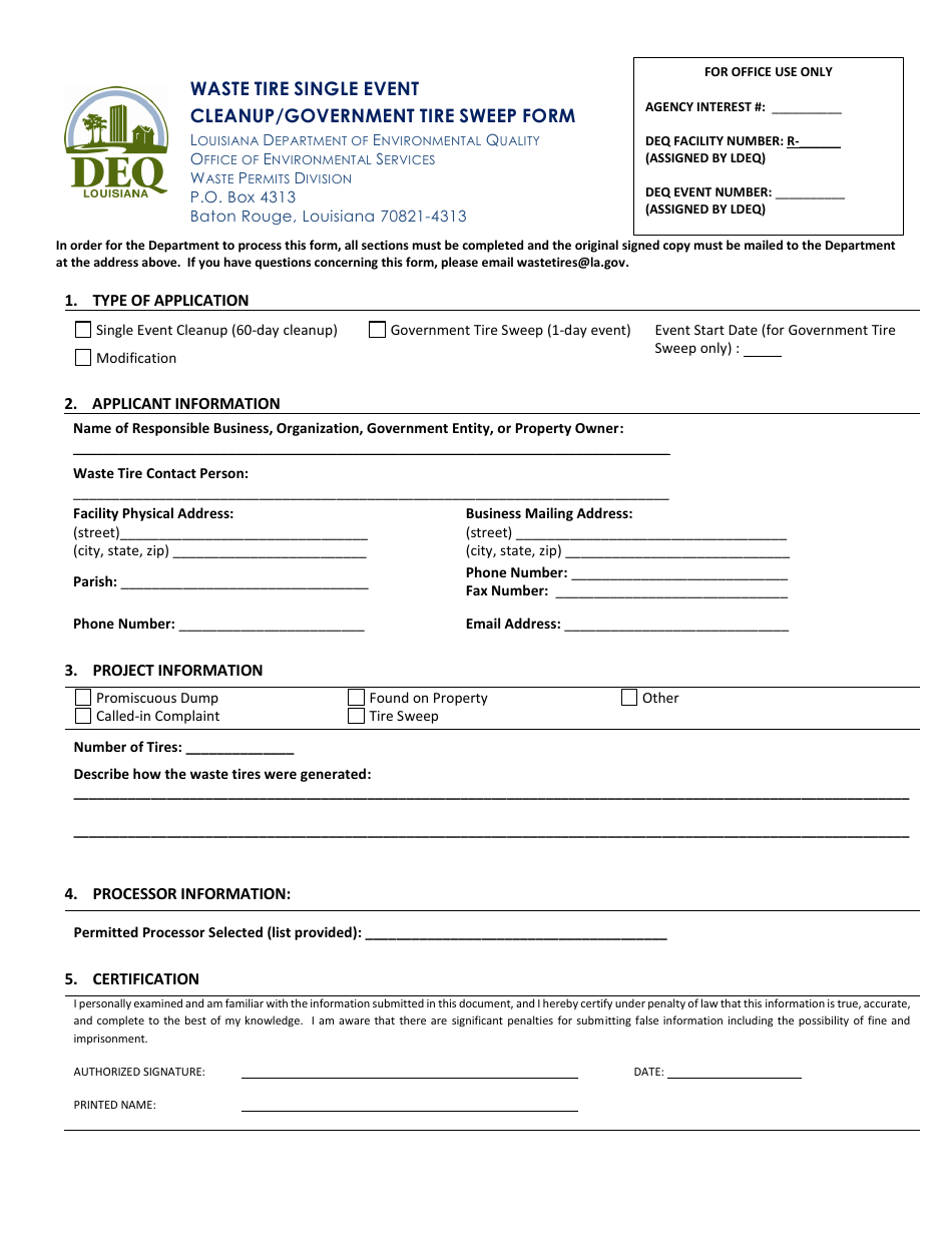 Waste Tire Single Event Cleanup / Government Tire Sweep Form - Louisiana, Page 1