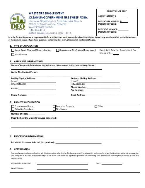 Waste Tire Single Event Cleanup / Government Tire Sweep Form - Louisiana Download Pdf