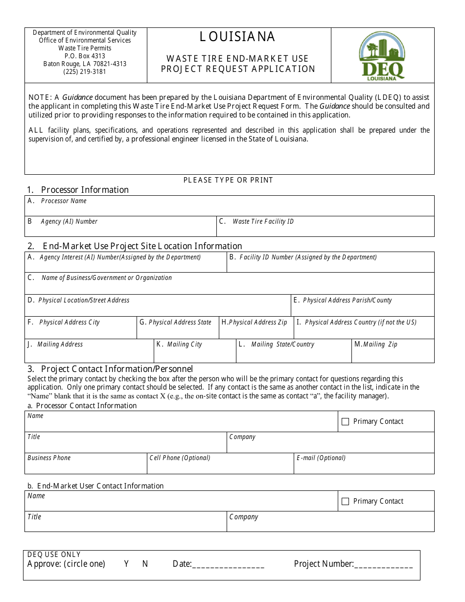 Waste Tire End-Market Use Project Request Application Form - Louisiana, Page 1