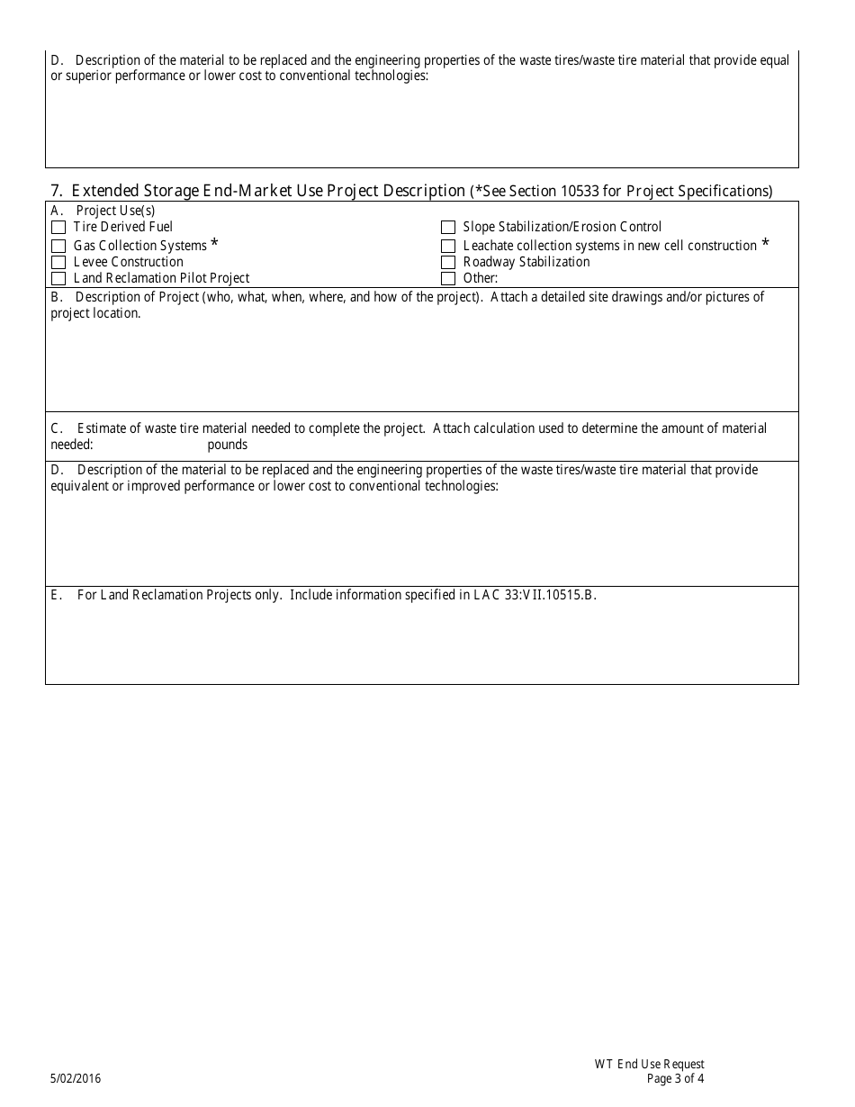 Waste Tire End-Market Use Project Request Application Form - Louisiana, Page 3