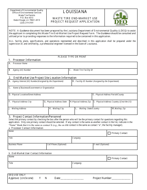 Waste Tire End-Market Use Project Request Application Form - Louisiana Download Pdf
