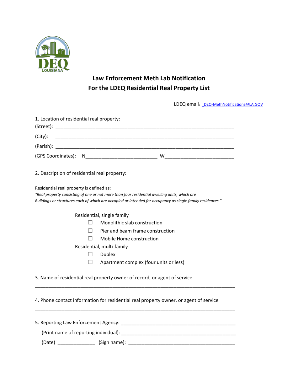 Law Enforcement Meth Lab Notification for the Ldeq Residential Real Property List - Louisiana, Page 1