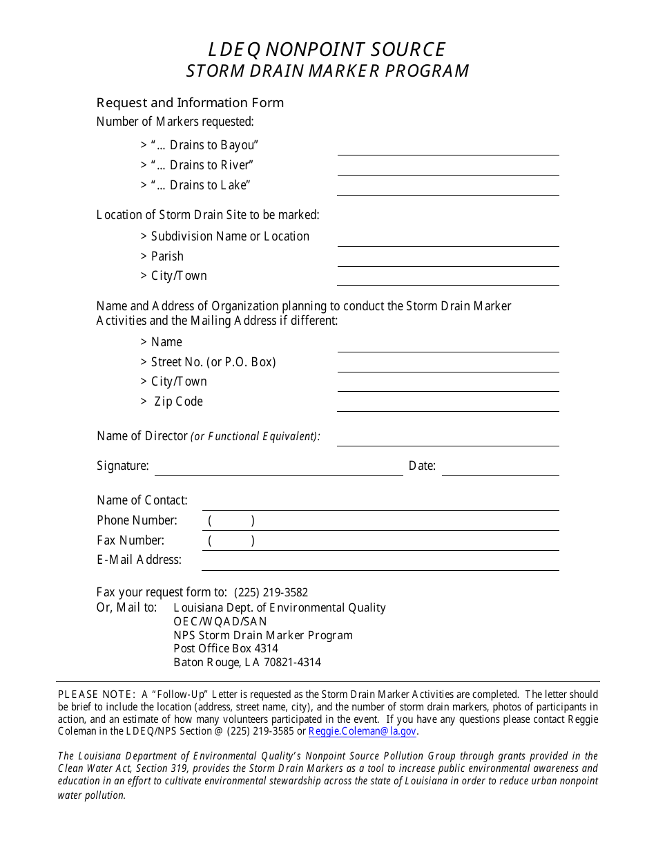 Storm Drain Marker Program Request and Information Form - Louisiana, Page 1