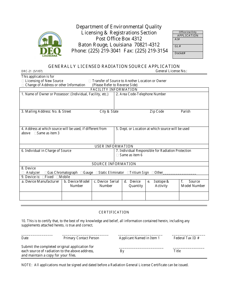 Form DRC-21 Generally Licensed Radiation Source Application - Louisiana, Page 1