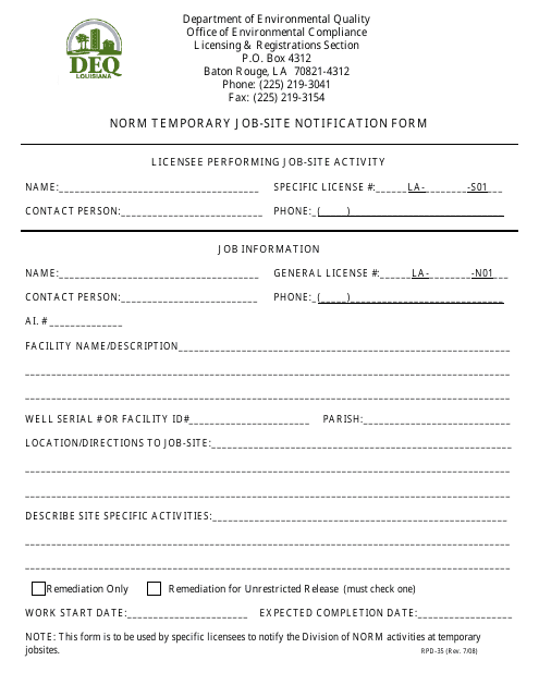 Form RPD-35 Norm Temporary Job-Site Notification Form - Louisiana