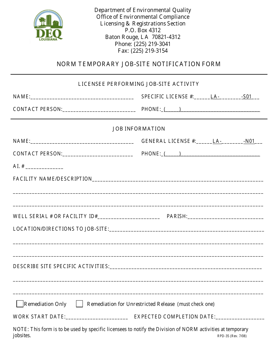 Form RPD-35 Norm Temporary Job-Site Notification Form - Louisiana, Page 1