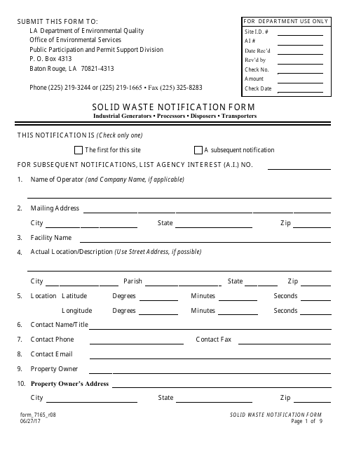 Form 7165_R08 Solid Waste Notification Form - Louisiana