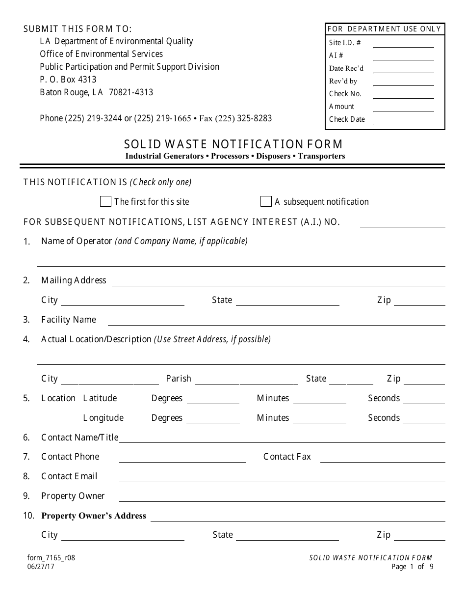 Form 7165_R08 Solid Waste Notification Form - Louisiana, Page 1