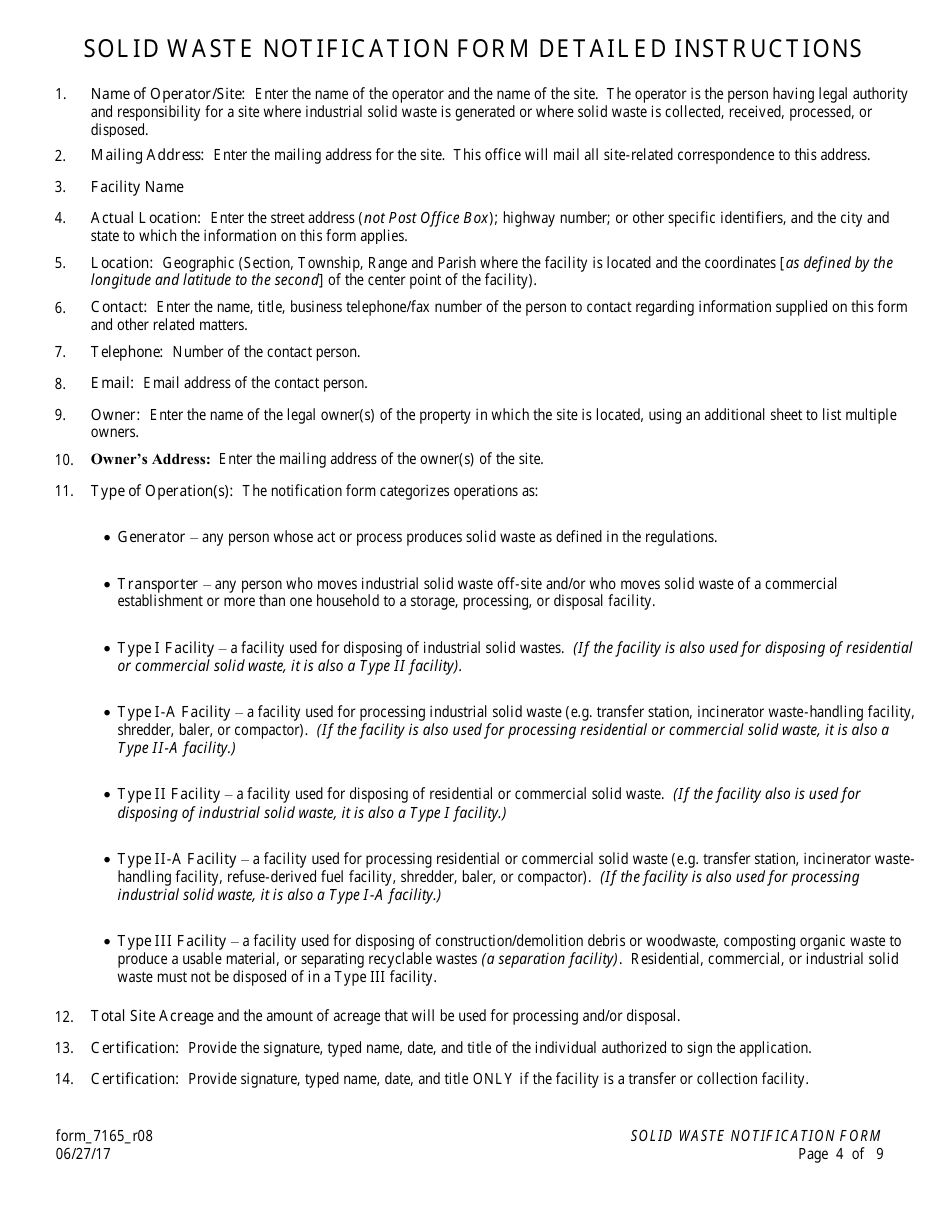 Form 7165_R08 Solid Waste Notification Form - Louisiana, Page 4