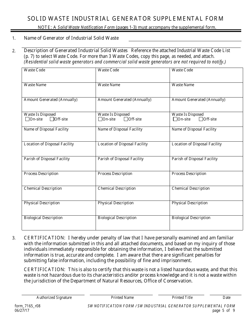 Form 7165_R08 Solid Waste Notification Form - Louisiana, Page 5