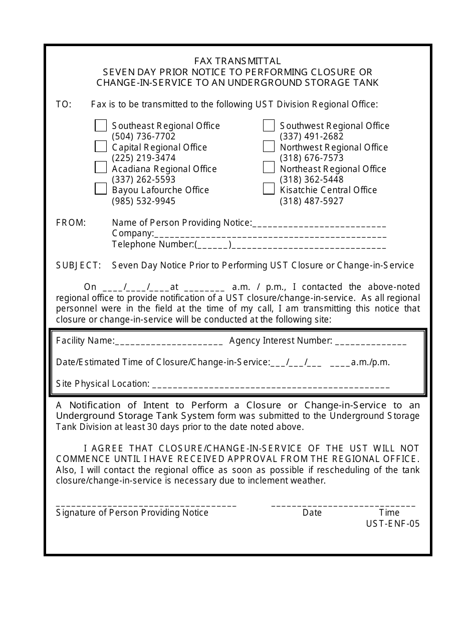 Form UST-ENF-05 Fax Transmittal - Seven Day Prior Notice to Performing Closure or Change-In-Service to an Underground Storage Tank - Louisiana, Page 1