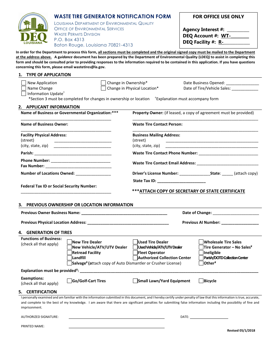 Waste Tire Generator Notification Form - Louisiana, Page 1