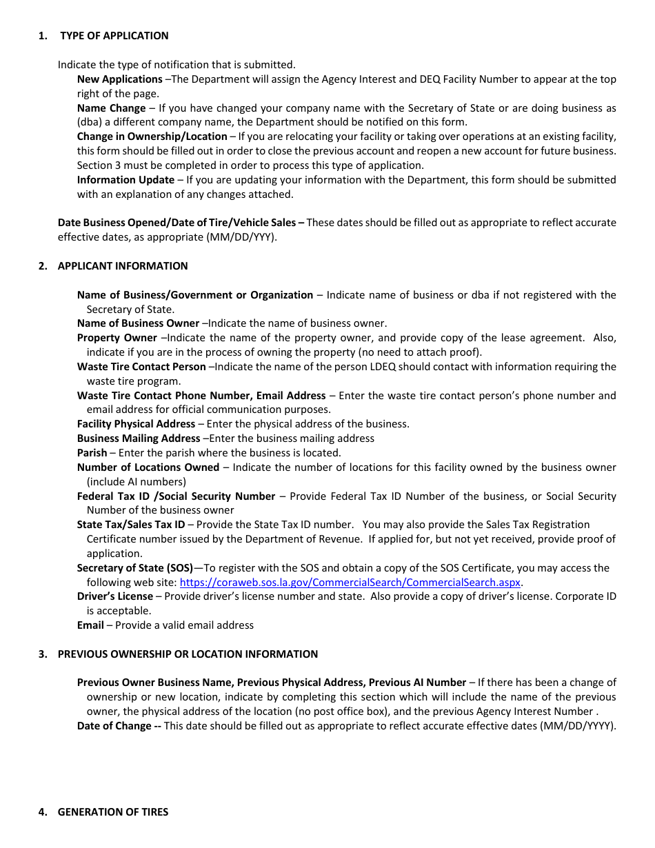Waste Tire Generator Notification Form - Louisiana, Page 3