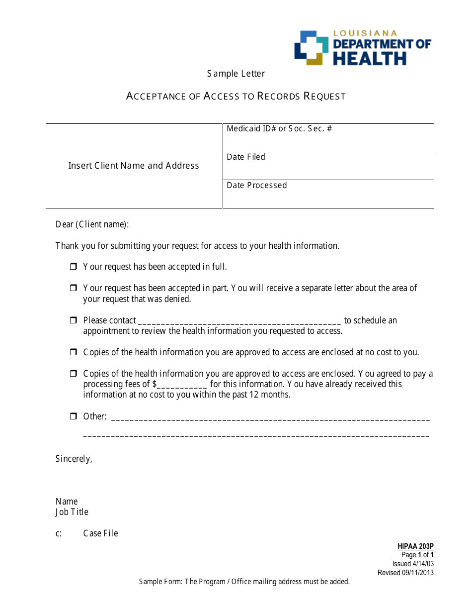 Form 203P Acceptance of Access to Records Request - Louisiana, Page 1